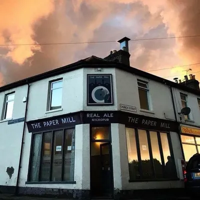 Paper Mill pub exterior at sunset