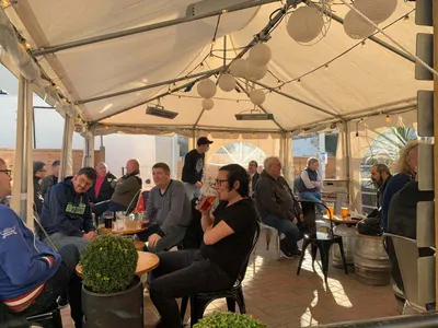 Outdoor seating area under gazebo